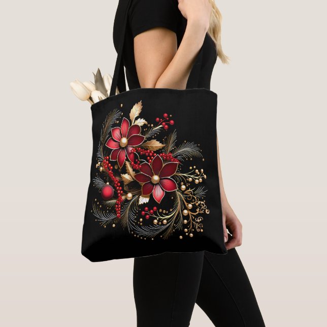 Red Decorative Flowers Holiday Tote Bag Tygkasse (Närbild)