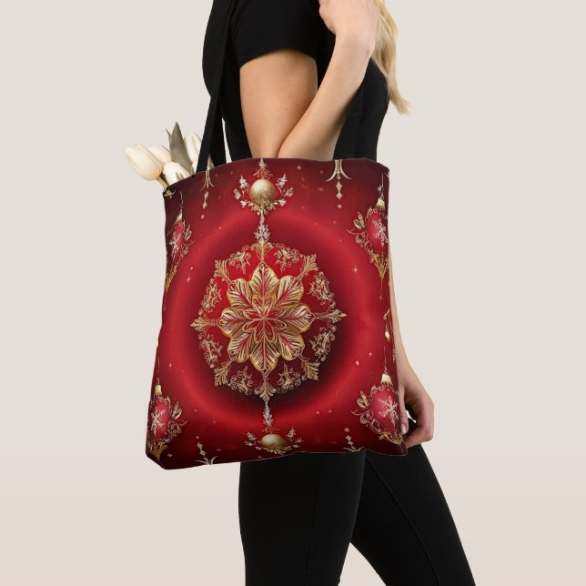 Red Decorative Ornaments Holiday Tote Bag Tygkasse (Närbild)