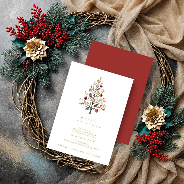 Red Delicate Minimalist Chic Winter Christmas Tree Inbjudningar (Minimalist Chic Winter Christmas Tree Holiday Party Invitations Cards in Digital Watercolor Style.)