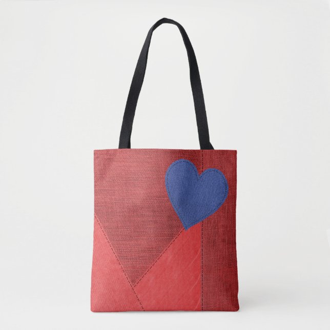 Red Denim Heart Tote Bag Tygkasse (Framsida)
