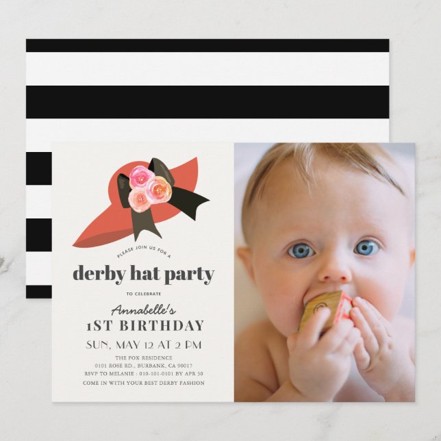 Red Derby Hat Ro 1:a födelsedagsfoto Party Inbjudningar (Fram/baksida)