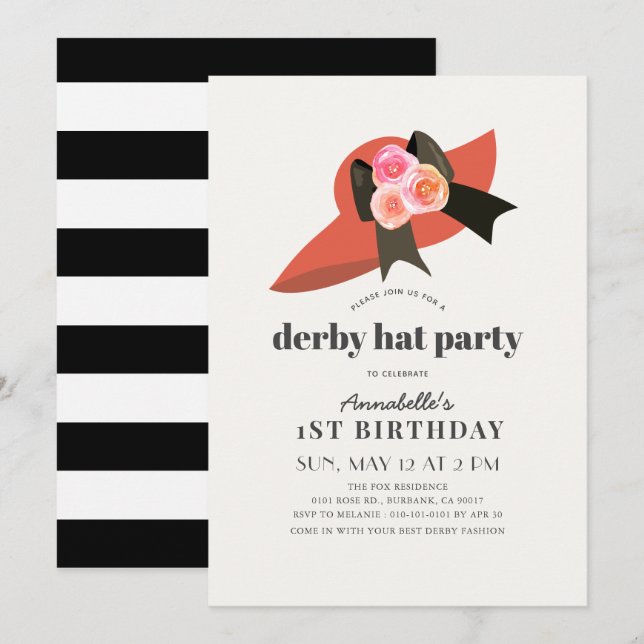 Red Derby Hat Ro 1:a födelsedagsinbjudan Inbjudningar (Fram/baksida)