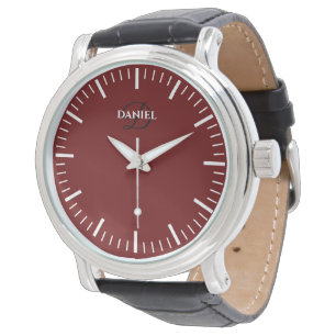 Red dial manar watch med svart läderband armbandsur