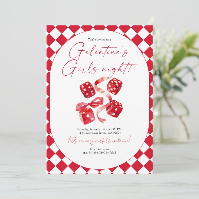 Red Dice & Ribbon Galentine’s Girls Night Party Inbjudningar (Stående Fram)