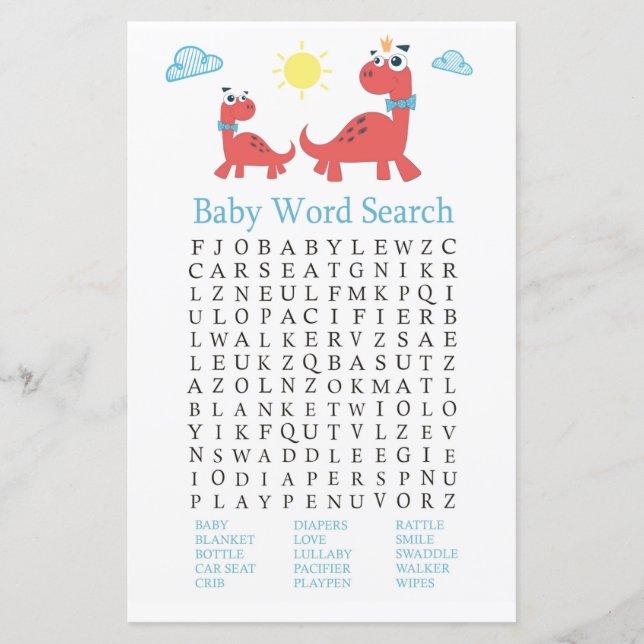 Red dinosaur Baby Shower Ord Search Game (Framsida)
