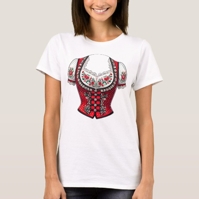 Red Dirndl Top For Folk Festival T Shirt (Framsida)