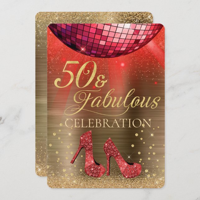 Red Disco Boll Guld 50 och Fabulous Birthday Inbjudningar (Fram/baksida)