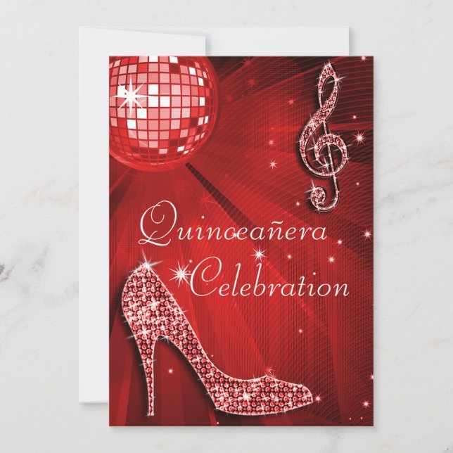 Red Disco Boll och Gnistra Heels Quinceañera Inbjudningar (Framsida)