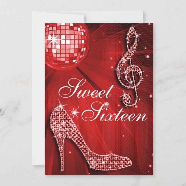 Red Disco Boll och Gnistra Heels Sweet 16 Inbjudningar (Framsida)