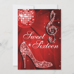Red Disco Boll och Gnistra Heels Sweet 16 Inbjudningar
