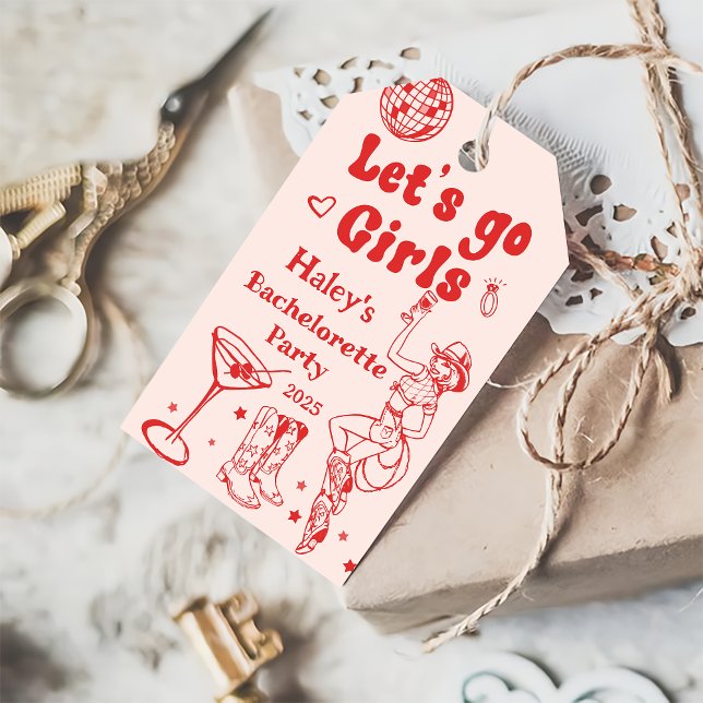 Red Disco Cowgirl Rodeo Bachelorette Party Presentetikett (Skapare uppladdad)