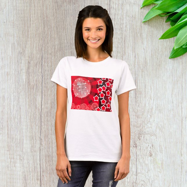 Red Disco Party Theme med Stars och Glitter Boll T Shirt (Skapare uppladdad)