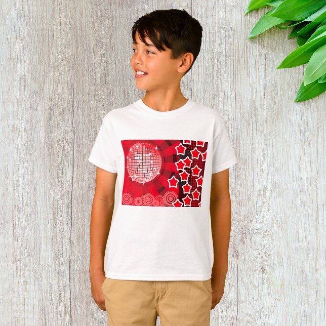 Red Disco Party Theme med Stars och Glitter Boll T Shirt (Skapare uppladdad)