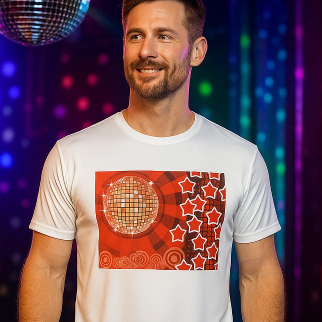 Red Disco Party Theme med Stars och Glitter Boll T Shirt (Skapare uppladdad)