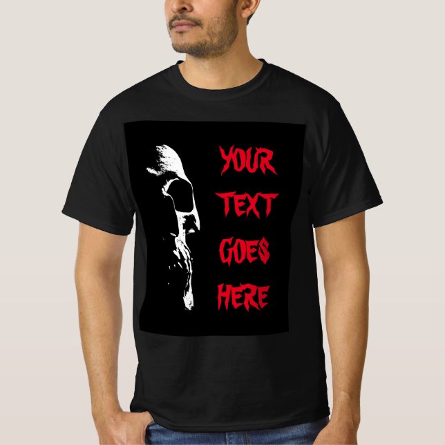 Red Distress Text Manar Halloween Skull Black T Shirt (Framsida)