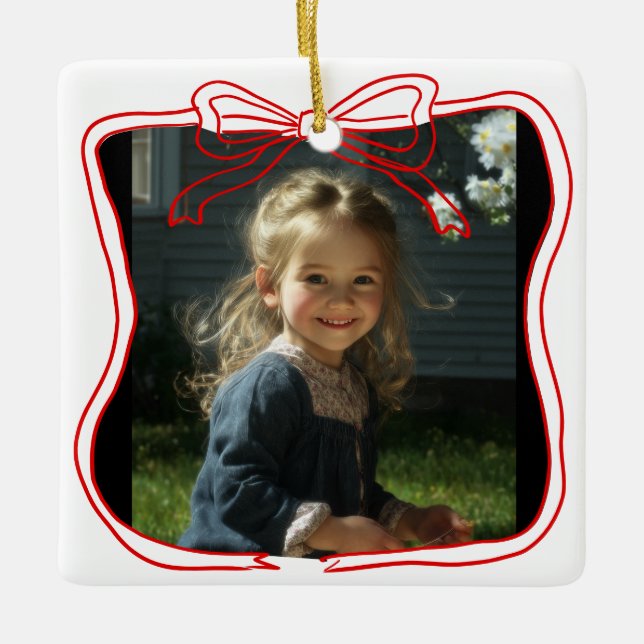 Red Doodle Bow Frame Custom Photo Julgransprydnad Keramik (Framsida)