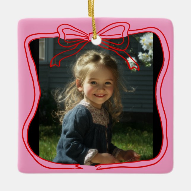 Red Doodle Bow Frame Custom Photo Julgransprydnad Keramik (Framsida)