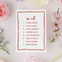 Red Doodle Numeric Wedding Seating Chart Card Bordsnummer