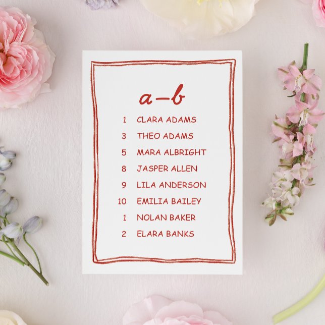 Red Doodle Numeric Wedding Seating Chart Card Bordsnummer (Skapare uppladdad)