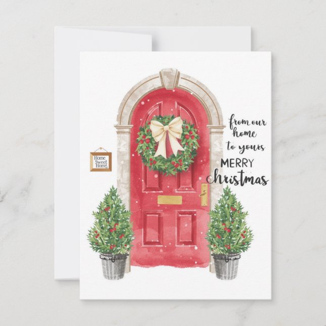 Red Door Potted Trees Wreath Watercolor Julkort (Framsida)