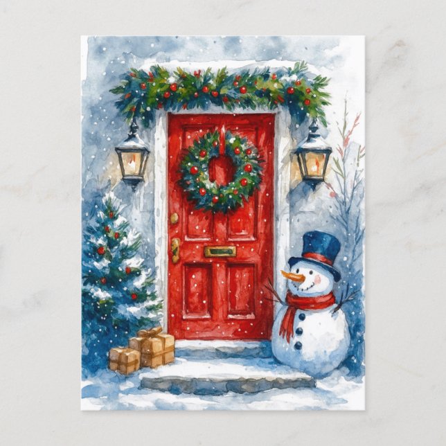 Red Door with Snowman Cozy Christmas Postcard Helg Vykort (Framsida)