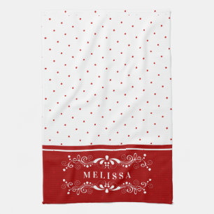 Red Dots & Vintage Blommigt Swirls Ram Monogram Kökshandduk