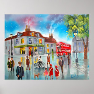 Red double decker bus street scene painting poster