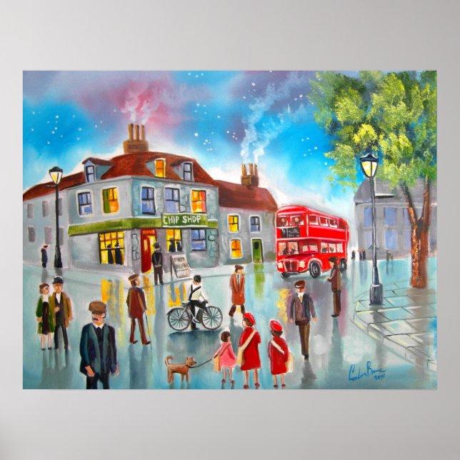 Red double decker bus street scene painting poster (Framsidan)