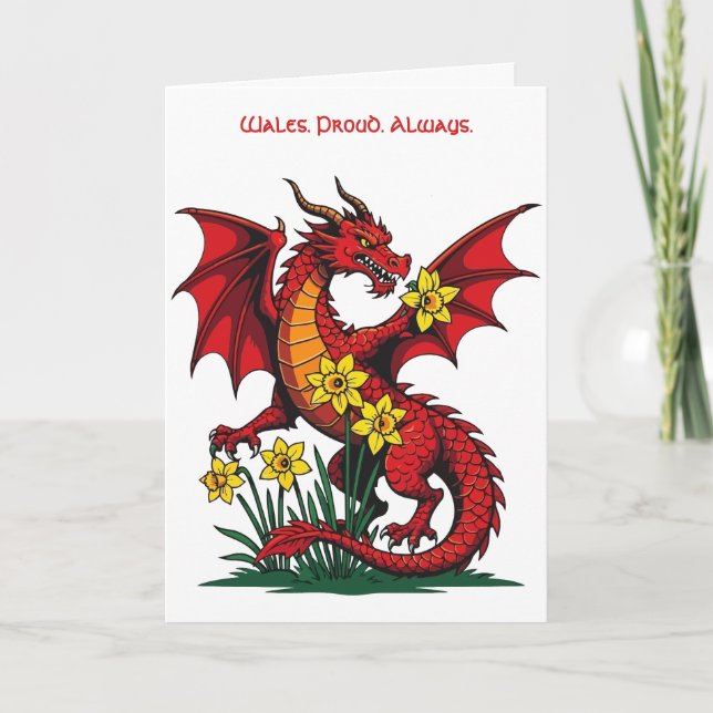 Red Dragon Amongst Daffodil Flowers Kort (Framsida)