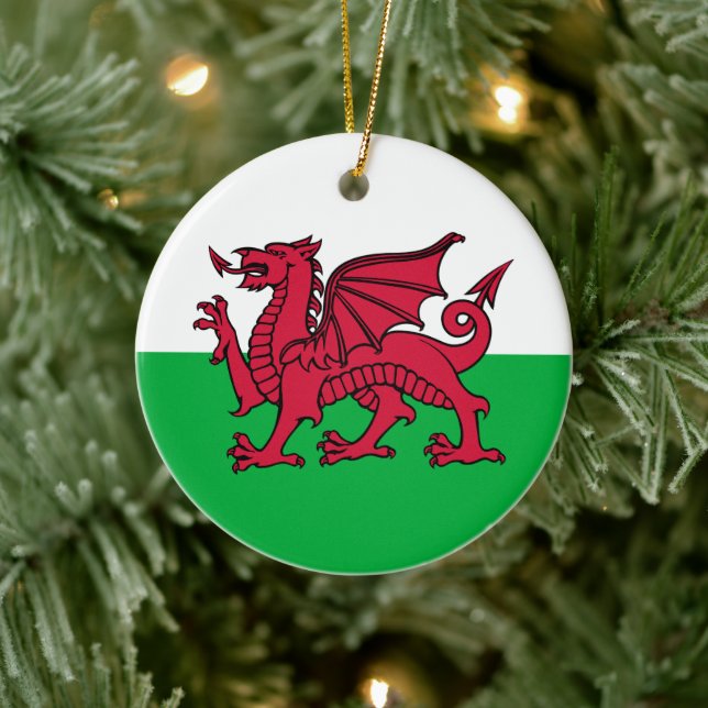 Red Dragon Celtic Flagga of Wales & Welsh Julgransprydnad Keramik (Träd)