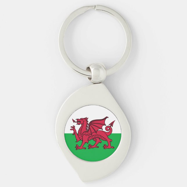 Red Dragon Celtic Flagga of Wales & Welsh Swirl Silverfärgad Nyckelring (Framsidan)