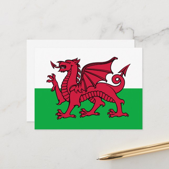 Red Dragon Celtic Flagga of Wales & Welsh Vykort (Fram/Back In Situ)