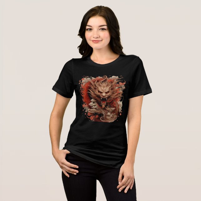 Red Dragon in Storm with Chrysanthemums T Shirt (Framsida Full)