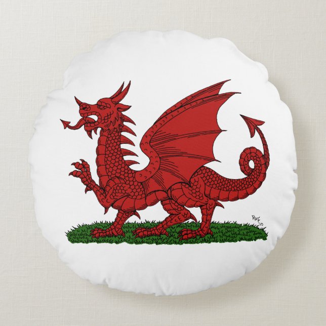 Red Dragon of Wales Rund Kudde (Framsidan)