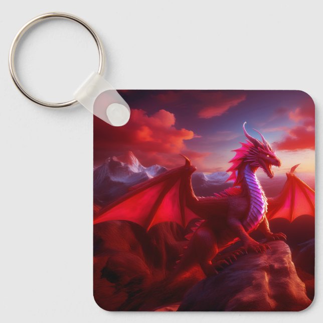 Red Dragon Perches on Craggy Mountain-toppen Nyckelring (Framsida)