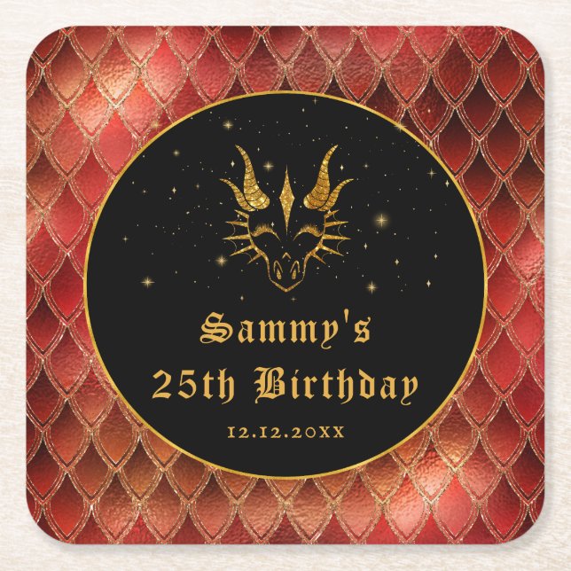 Red Dragon Scales Guld Faux Glitter Birthday Underlägg Papper Kvadrat (Framsidan)