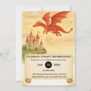 Red Dragon som flyger över Castle Rulla Birthday Inbjudningar