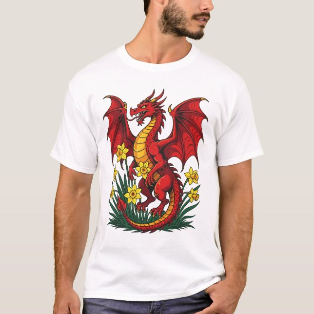 Red Dragon Stood Amongst Daffodils T Shirt (Framsida)
