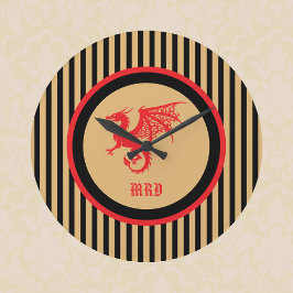 Red Dragon with Regal Gold Black Stripes Monogram Stor Klocka