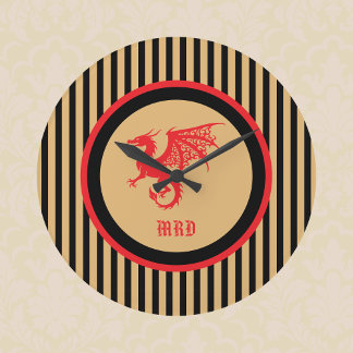 Red Dragon with Regal Gold Black Stripes Monogram Stor Klocka