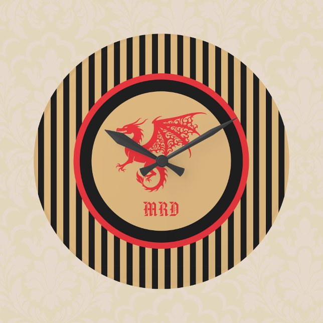 Red Dragon with Regal Gold Black Stripes Monogram Stor Klocka (Skapare uppladdad)