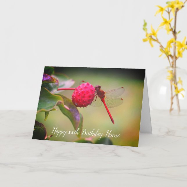 Red Dragonfly Nature Personlig Birthday Kort (Gul blomma)