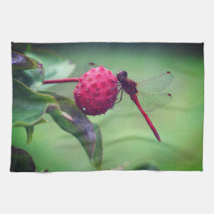 Red Dragonfly på Dogwood Fruit Close Up Kökshandduk