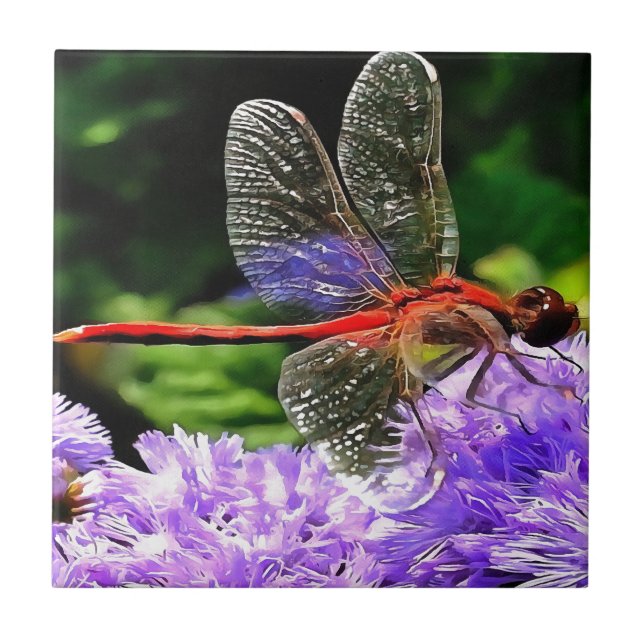 Red Dragonfly på Violet Lila blommor Kakelplatta (Framsidan)