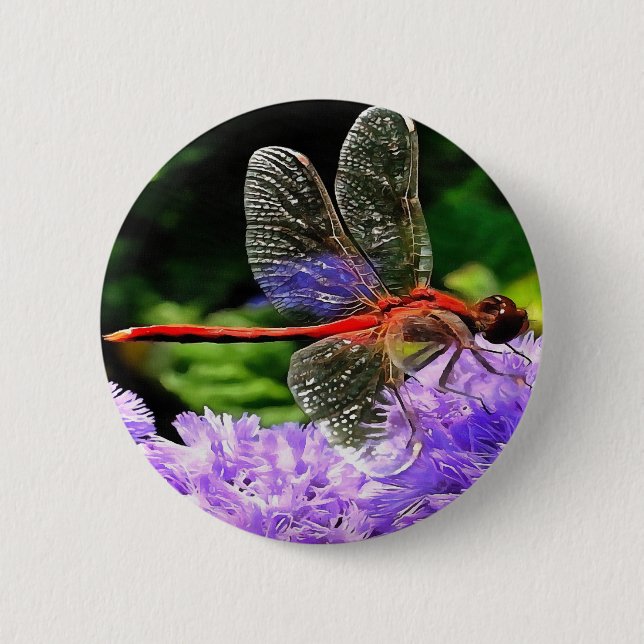 Red Dragonfly på Violet Lila blommor Knapp (Framsida)