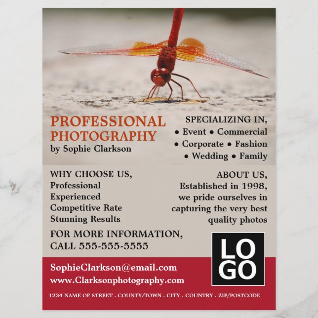 Red Dragonfly, Photography, Photographer Hire Reklamblad (Framsidan)