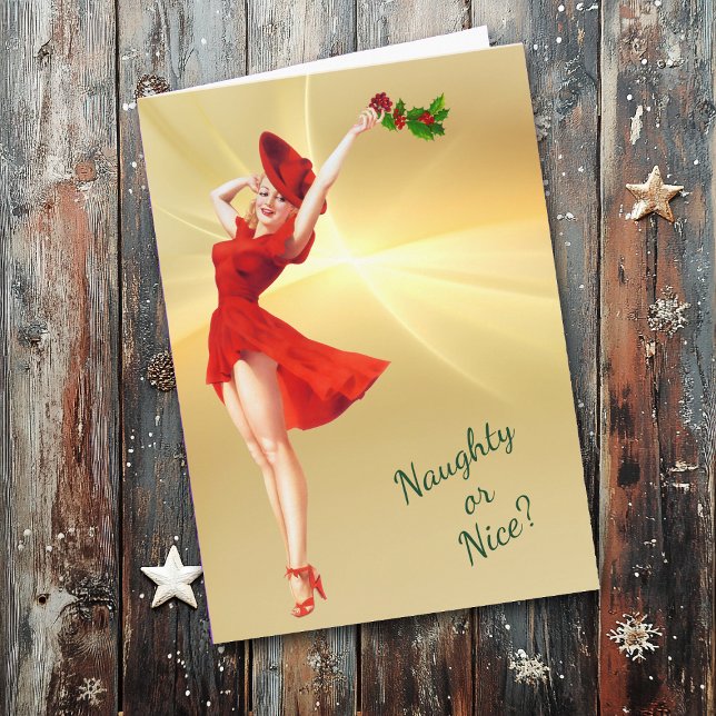 Red Dress and Holly Retro Pinup Girl Kort (Skapare uppladdad)