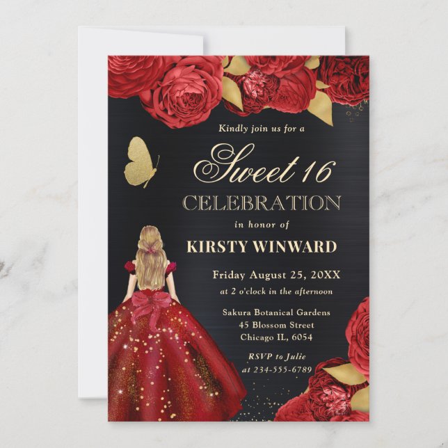 Red Dress Blonde Woman Flowers Sweet 16:e inbjudan (Framsida)