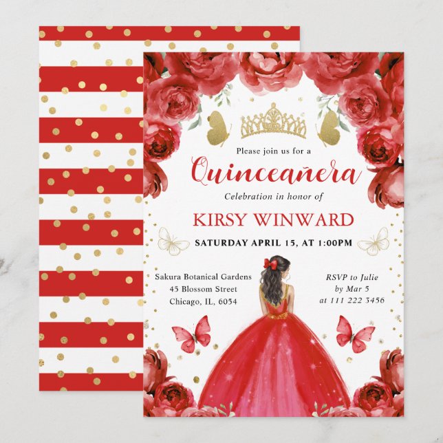 Red Dress Brunette Hair Princess Quinceanera Inbjudningar (Fram/baksida)