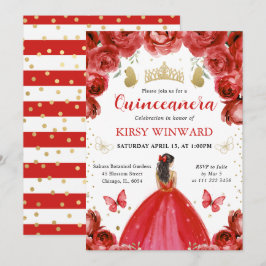 Red Dress Brunette Hair Princess Quinceanera Inbjudningar